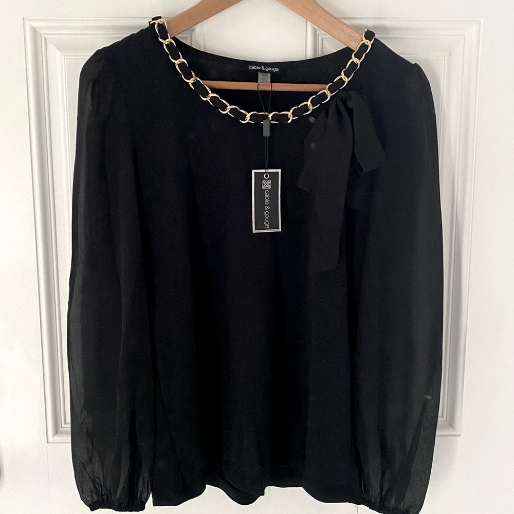 NWT! Cable & Gauge elegant top. Sheer long sleeves. Chain at collar.